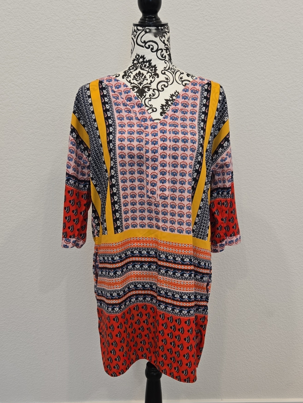 Mixed-Print V-Neck Mini Dress in Pink, Red & Yellow